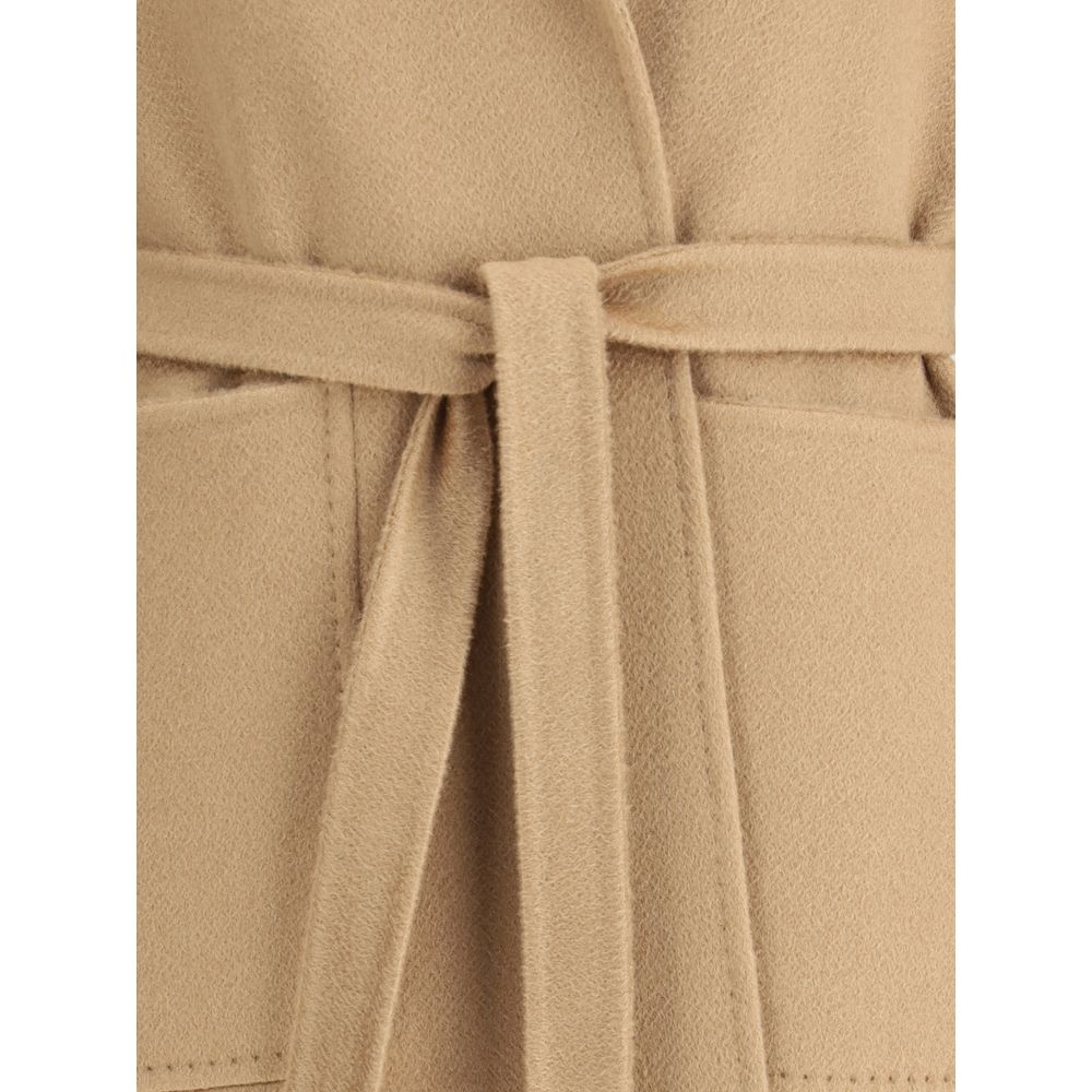 Close-up of Max Mara Beige Cashmere Coat showing waist sash and patch pockets.
