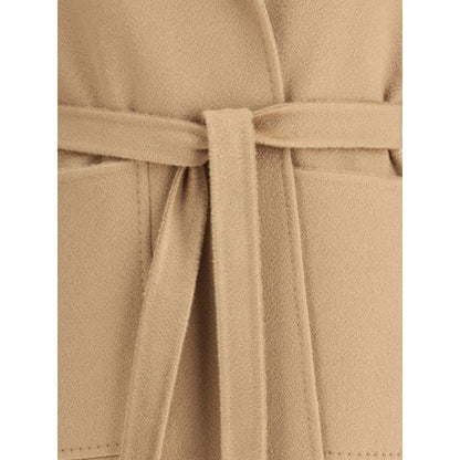 Close-up of Max Mara Beige Cashmere Coat showing waist sash and patch pockets.
