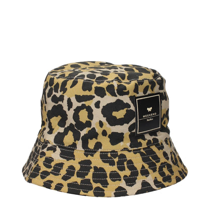 Leopard print bucket hat with a front logo badge in beige and black.