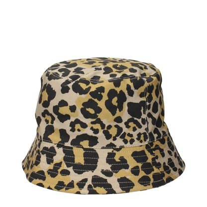 Leopard print bucket hat with beige, black, and yellow pattern, featuring a classic design and durable stitching.