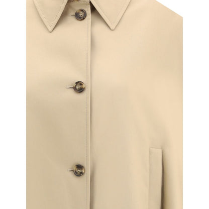 Close-up of Max Mara Beige Cotton Coat with collar and front button details.