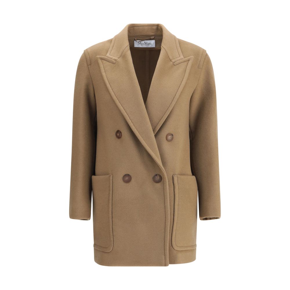 Max Mara Beige Fleece Wool Coat with peaked lapel collar and button closure, showcasing elegant and refined design in soft cashmere wool blend.