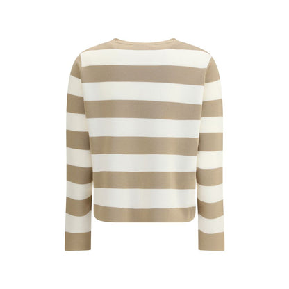 Back view of Max Mara Beige Fleece Wool Sweatshirt with brown and white stripes, 100% virgin wool, AW25 collection.