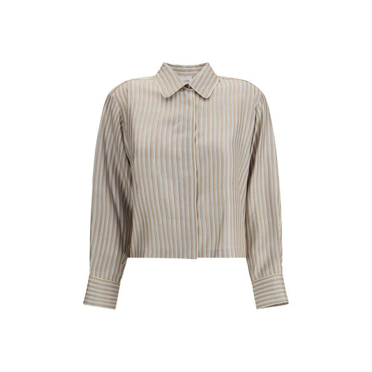 Max Mara Beige Silk Pattern Shirt with classic pointed collar and long sleeves, featuring striped fabric for a sophisticated look.
