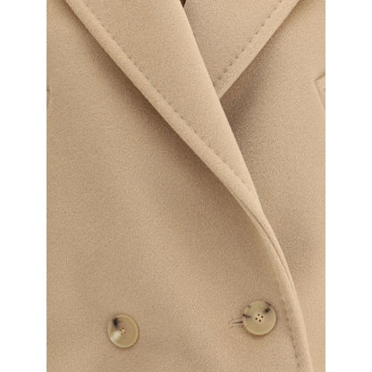 Close-up of Max Mara Beige Wool Coat showing double-breasted button detail and lapel collar.