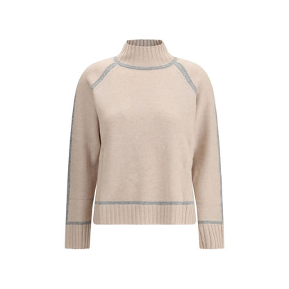 Max Mara Beige Wool Turtleneck with cashmere, high neck, and raglan sleeves, featuring ribbed edges, ideal for sophisticated everyday wear.