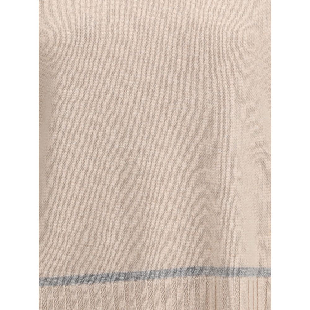 Max Mara Beige Wool Turtleneck with ribbed edge detailing in wool and cashmere blend.
