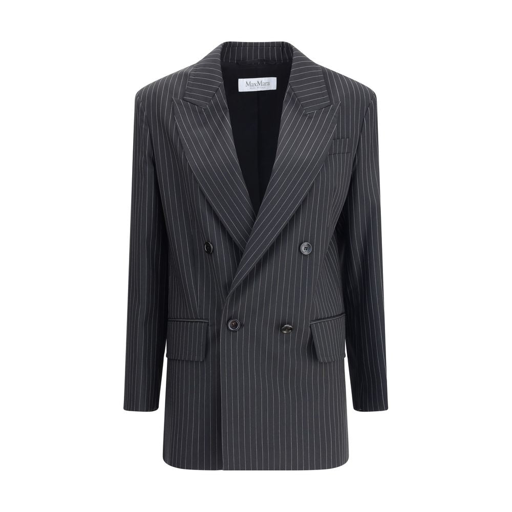 Max Mara Black Fleece Wool Blazer with striped pattern and peaked lapels, double-breasted design, perfect for formal looks.