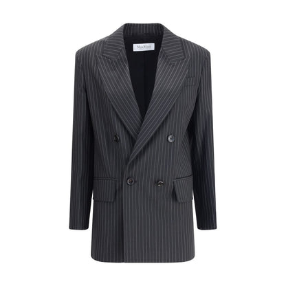 Max Mara Black Fleece Wool Blazer with striped pattern and peaked lapels, double-breasted design, perfect for formal looks.