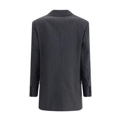 Back view of Max Mara Black Fleece Wool Blazer with elegant striped pattern and tailored fit, featuring a sophisticated double-breasted design.