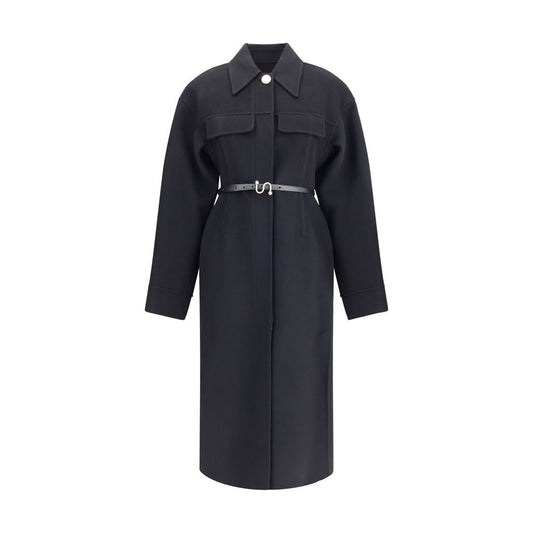 Max Mara Black Fleece Wool Coat with leather belt, featuring a tailored fit, shirt collar, and overlapping side slits, stylish winter wear.