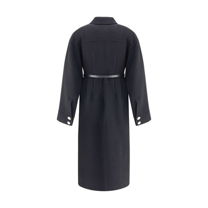 Back view of Max Mara Black Fleece Wool Coat showing leather belt and double-buttoned shirt cuffs.
