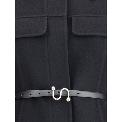 Max Mara Black Fleece Wool Coat with leather belt and "S" buckle detail