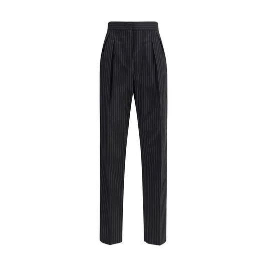 Max Mara Black Fleece Wool Dress Pants with striped embroidery and pleats, featuring side seam and back slit pockets.