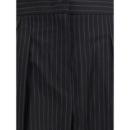 Close-up of Max Mara Black Fleece Wool Dress Pants with striped embroidery and elegant pleats, showcasing detailed design features.