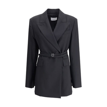 Max Mara Black Fleece Wool Full-Length Jacket with double-breasted closure and belt, tailored for elegance and modern style.