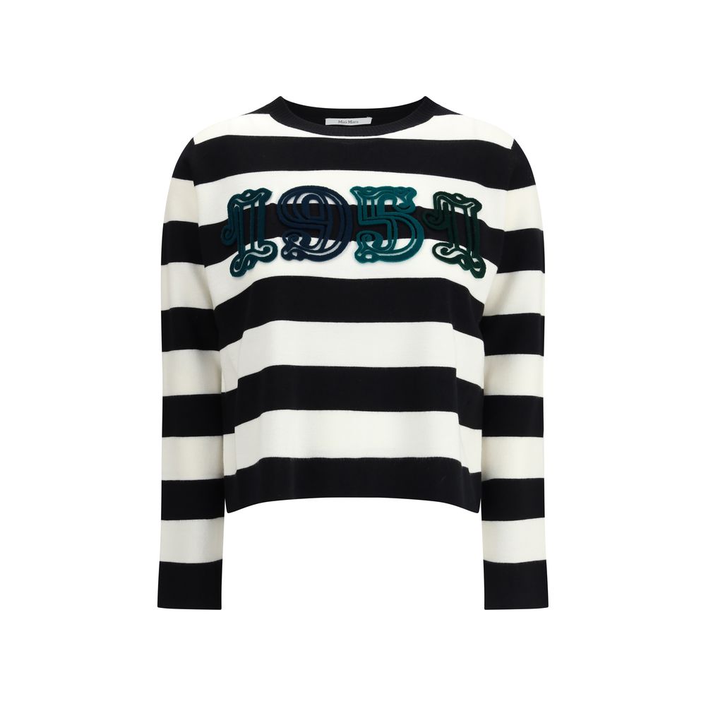 Max Mara Black Fleece Wool Sweatshirt with '1951' embroidery, brown and white striped pattern, 100% virgin wool, AW25 collection