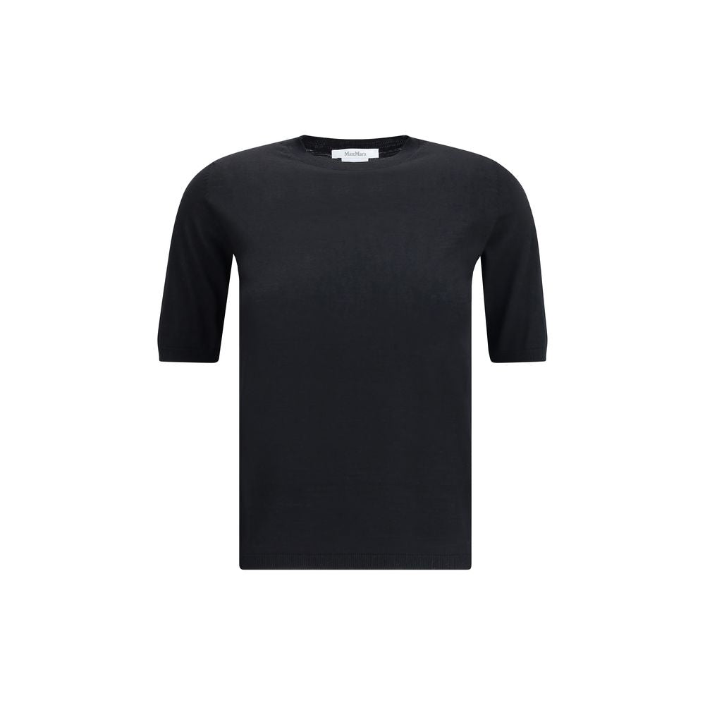 Max Mara Black Fleece Wool Top featuring short sleeves, ribbed hem, and crew neck for a sophisticated look. AW25 collection.