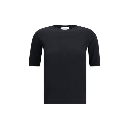 Max Mara Black Fleece Wool Top featuring short sleeves, ribbed hem, and crew neck for a sophisticated look. AW25 collection.