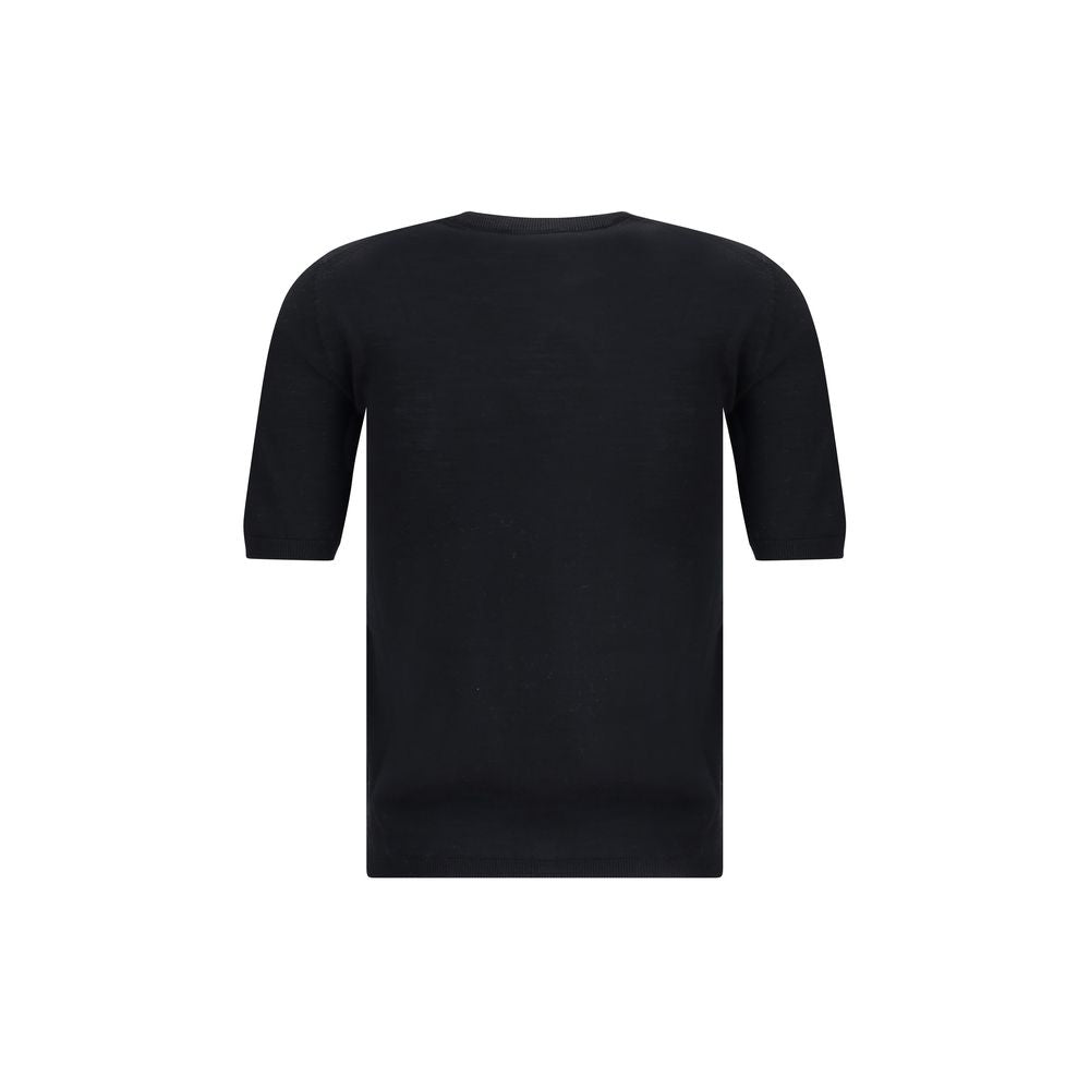 Max Mara Black Fleece Wool Top featuring short sleeves and ribbed hem, back view