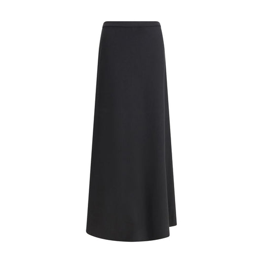 Max Mara Black Viscose Long Skirt with flared silhouette and wide waistband, featuring tone-on-tone logo embroidery. Elegant and fitted design.