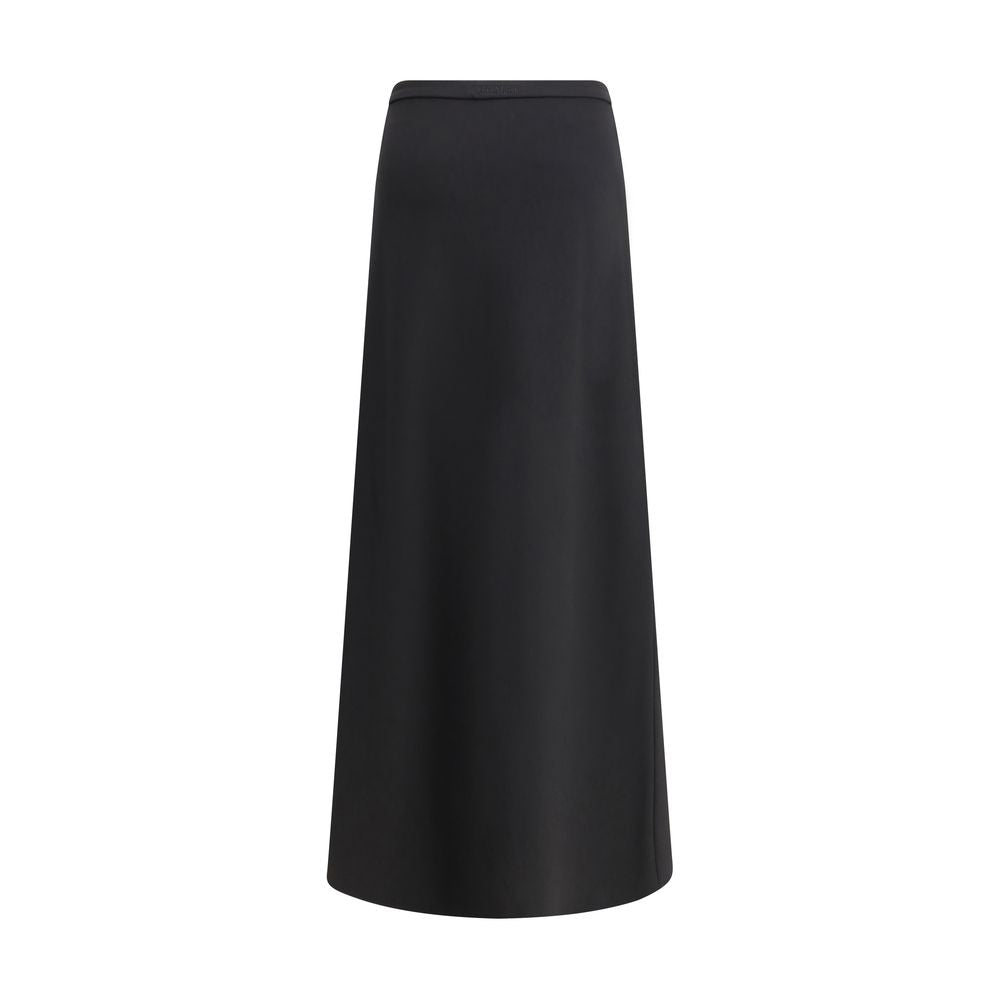 Max Mara Black Viscose Long Skirt with feminine silhouette, wide waistband, and invisible zipper, featuring logo embroidery on the back.