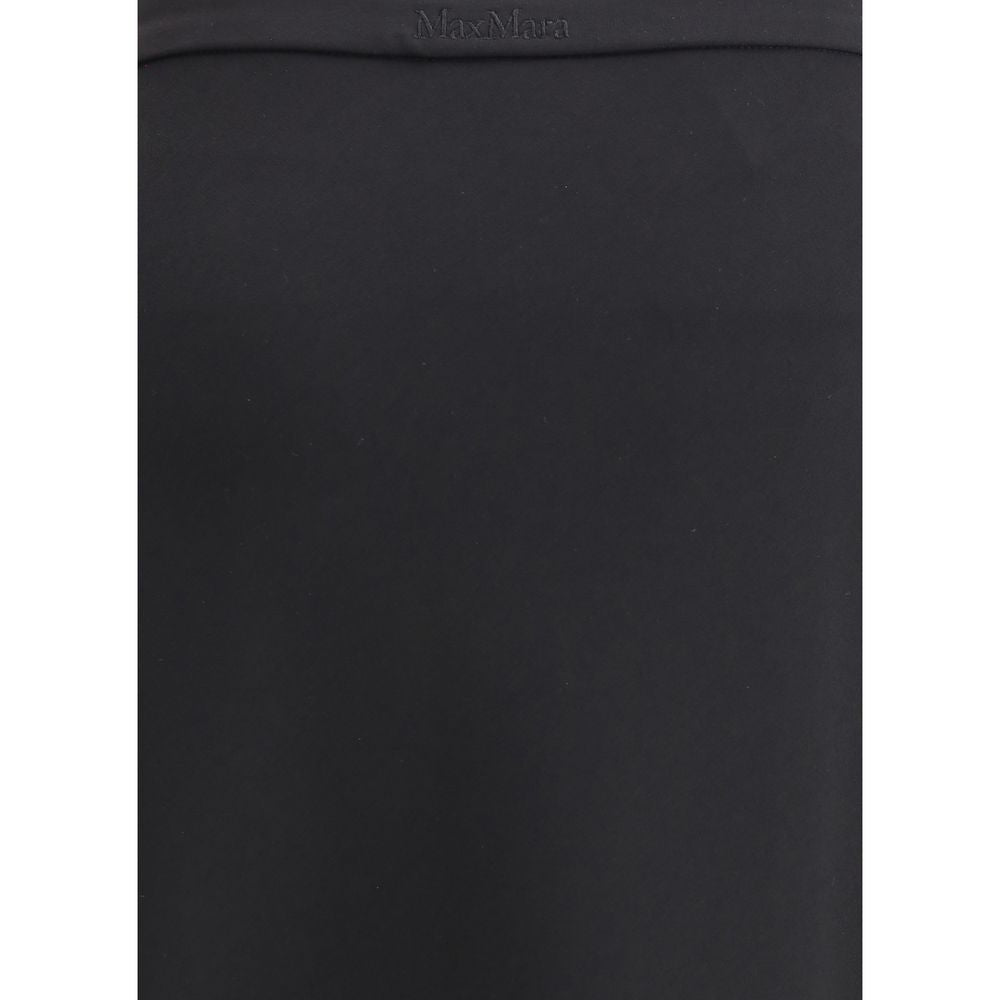 Close-up of Max Mara Black Viscose Long Skirt with tone-on-tone logo embroidery, highlighting compact viscose jersey fabric and waistband design.