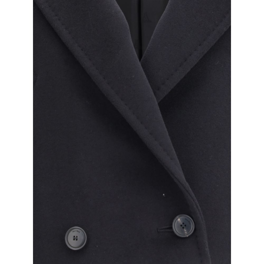 Close-up of Max Mara Black Wool Coat showing double-breasted buttons and lapel collar, highlighting classic and timeless design.
