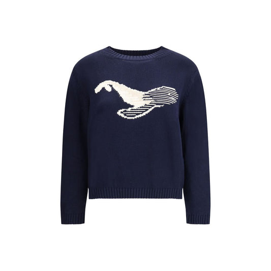 Max Mara Blue Cotton Sweatshirt with jacquard design, ribbed trims at neck, cuffs, and hem, slim fit, autumn-winter collection.