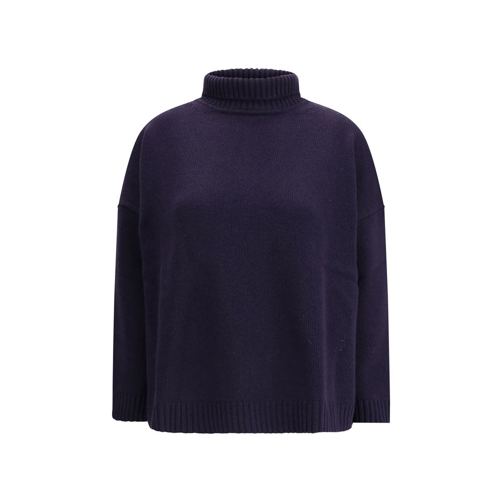 Max Mara Blue Fleece Wool Turtleneck with oversized fit and high collar, featuring low-set sleeves and ribbed edges for cozy sophistication.