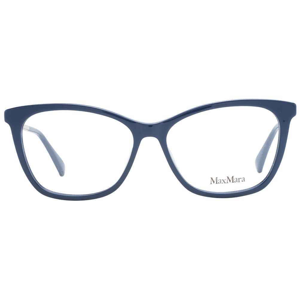 Max Mara Blue Women Glasses Frame with full-rim plastic design, demo lenses, and butterfly style, includes branded case.