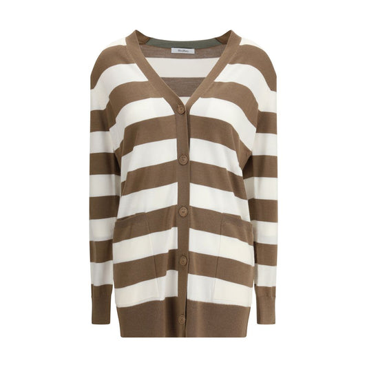 Max Mara Brown Fleece Wool Cardigan with striped pattern and '1951' motif, ideal for casual yet sophisticated style.