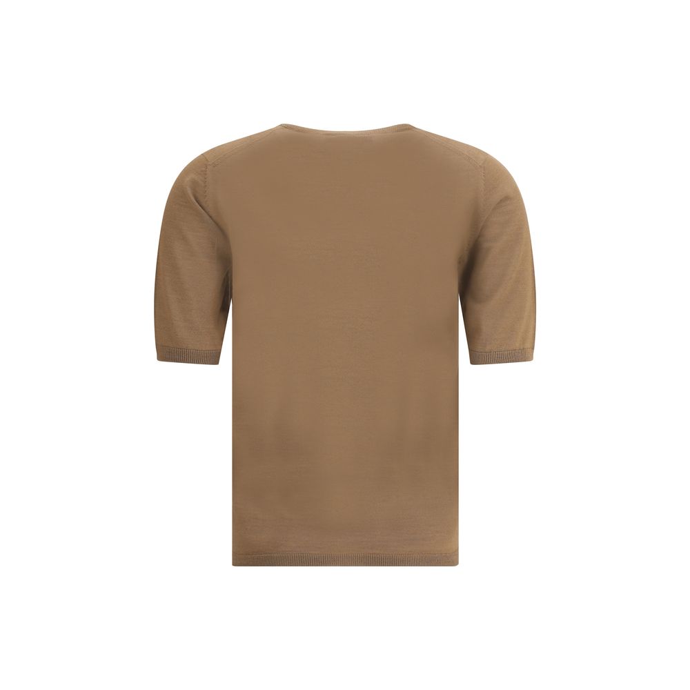 Max Mara Brown Fleece Wool Top featuring short sleeves, ribbed hem, and crew neck for a sophisticated, regular fit. 100% virgin wool, AW25 style.