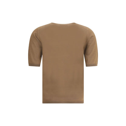 Max Mara Brown Fleece Wool Top featuring short sleeves, ribbed hem, and crew neck for a sophisticated, regular fit. 100% virgin wool, AW25 style.