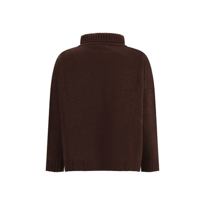 Back view of Max Mara Brown Fleece Wool Turtleneck with ribbed edges and oversized fit, perfect for cozy autumn and winter style.