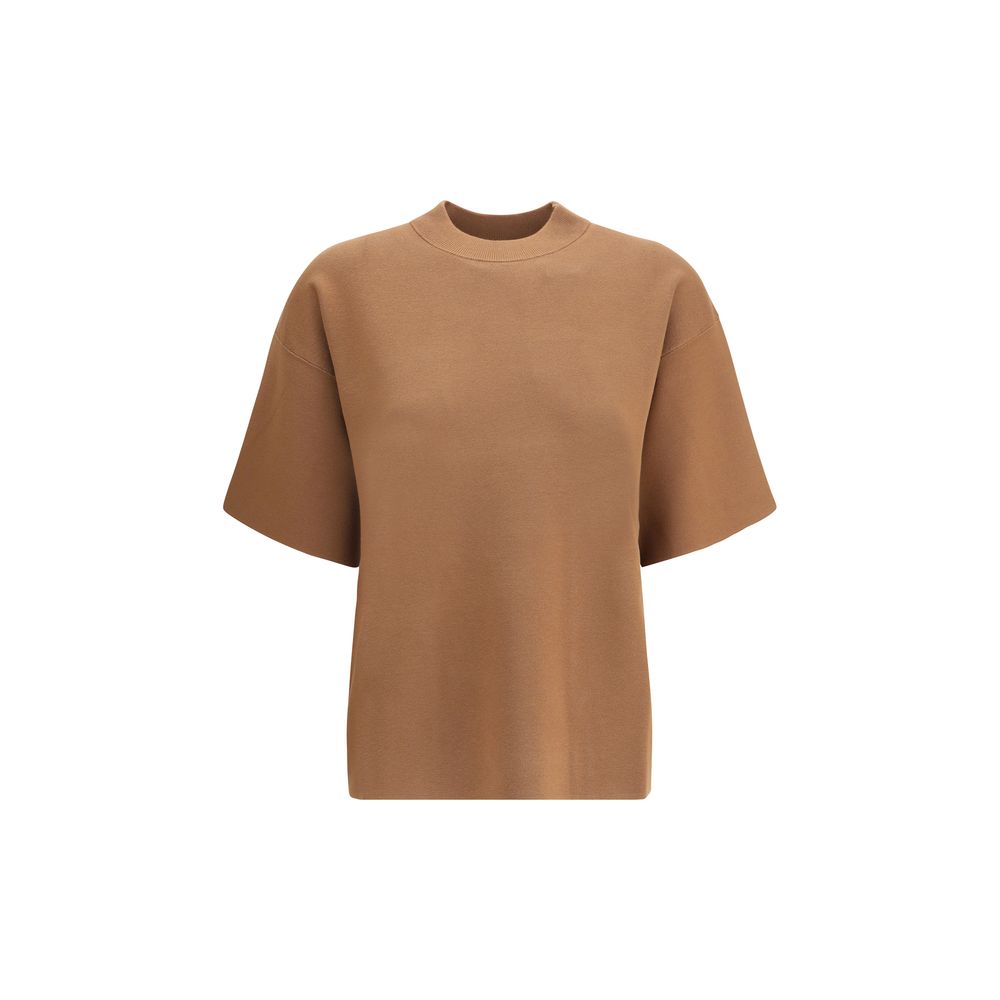 Max Mara Brown Polyester T-Shirt with ribbed crew neck, soft fabric, and oversize fit for casual style.