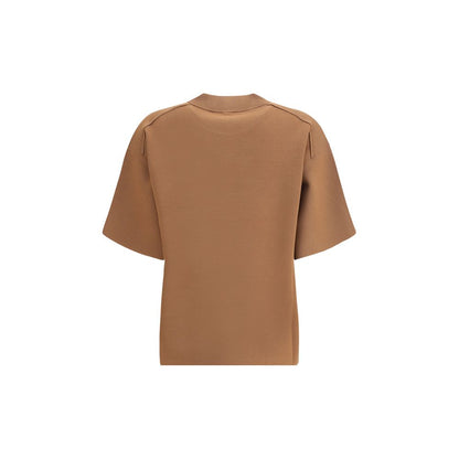 Max Mara Brown Polyester T-Shirt with oversize fit and ribbed crew neck, featuring a monochrome pattern and soft fabric.