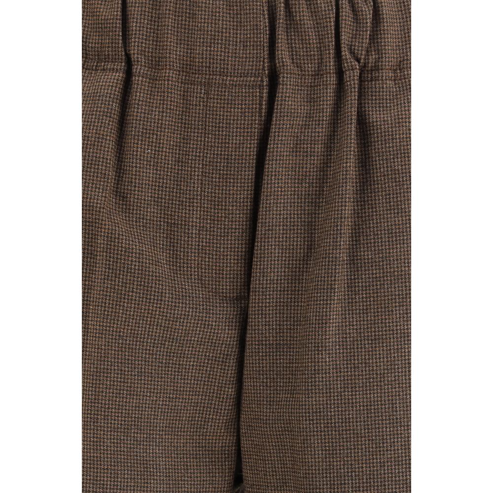 Close-up of Max Mara Brown Wool Casual Pants fabric detail, showcasing elasticated waist and wool flannel texture.