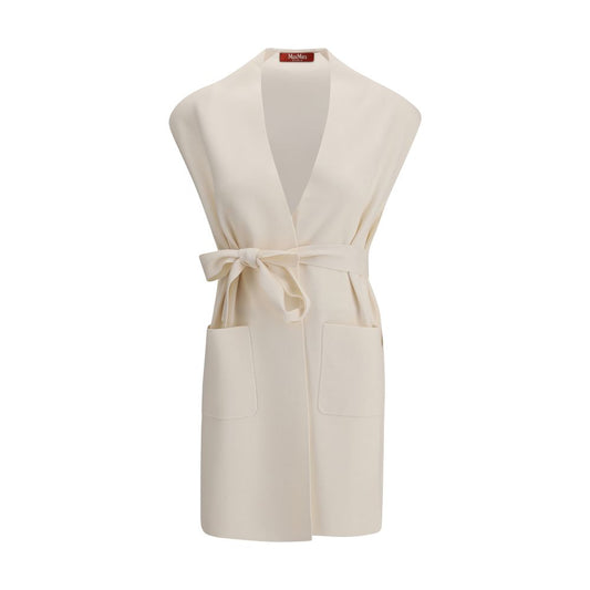 Max Mara Cream Viscose Coat, sleeveless long vest with knotted sash and patch pockets, versatile and modern AW25 fashion piece.