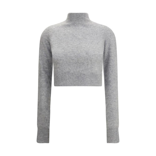 Max Mara Gray Cashmere Cashmere Sweater with raised collar and ribbed trim for timeless elegance, full sleeves, and a cropped fit.