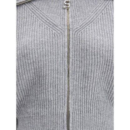 Max Mara Gray Wool Cardigan with high collar and zipper, featuring Sportmax design details, gray texture close-up.