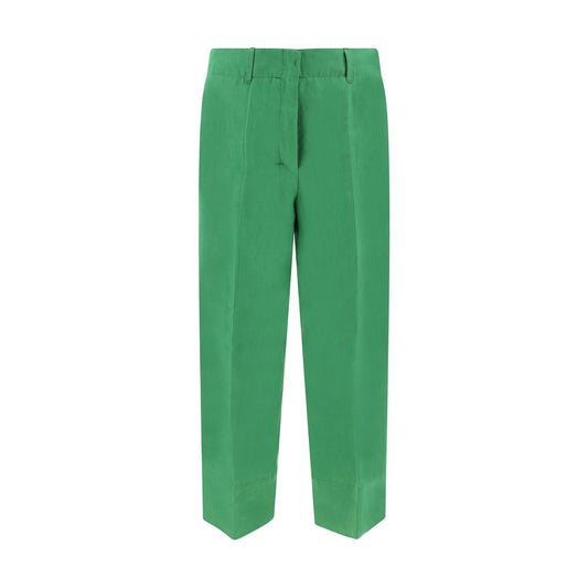 Max Mara Green Linen Casual Pants with front hook and zip, side slash pockets, elegant monochrome design, perfect for summer SS23.