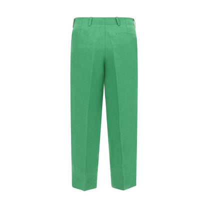 Back view of Max Mara Green Linen Casual Pants with welt pockets. SS23 collection, 100% linen, perfect for elegant summer looks.