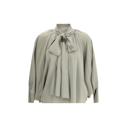 Max Mara Green Silk Blouse with batwing sleeves, V-neck bow-tie, jewel loop, asymmetrical hem, and side button cuffs for AW25 season.