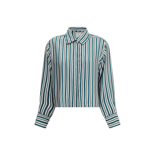 Max Mara Green Silk Pattern Shirt with classic collar and striped design. Elegant concealed button closure, long sleeves, and cuffs.