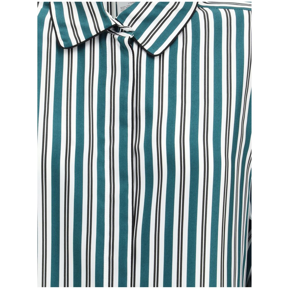 Max Mara Green Silk Pattern Shirt with striped fabric and classic pointed collar, featuring concealed button closure for sophisticated style.