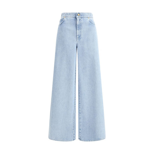Max Mara Light Blue Cotton Jeans Denim featuring wide leg design, five-pocket style, zipper and button closure, 100% cotton.