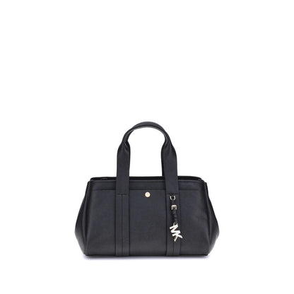 Michael Kors Black Calf Leather Bos Taurus Shoulder Bag with MK pendant and adjustable strap.