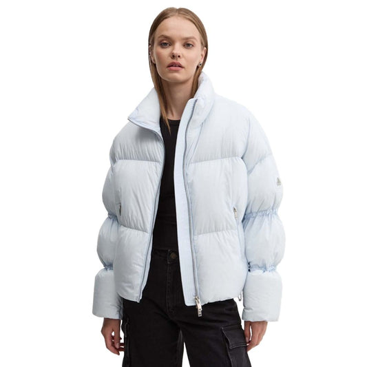 Moose Knuckles Light Blue Nylon Women Jacket with cozy down padding and zip fastening, perfect for city and après-ski wear.
