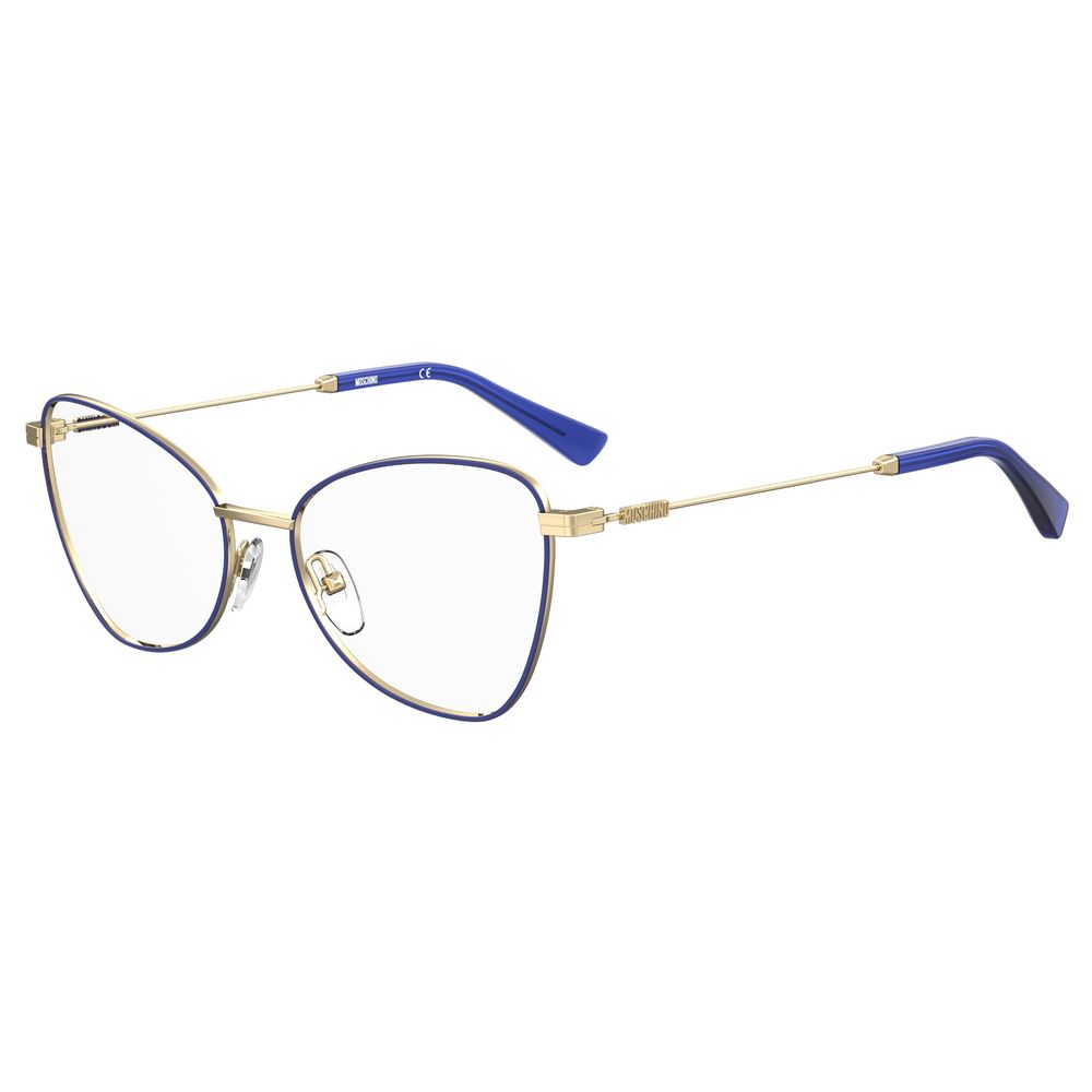 Moschino Blue Metal Glasses (Frames) with gold accents and blue temple tips, style MOS574-PJP, size 52/16/140mm for women.